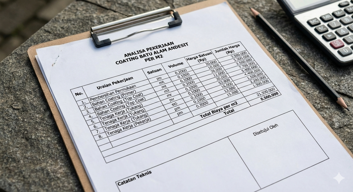 Analisa Pekerjaan Coating Batu Alam Andesit per M2